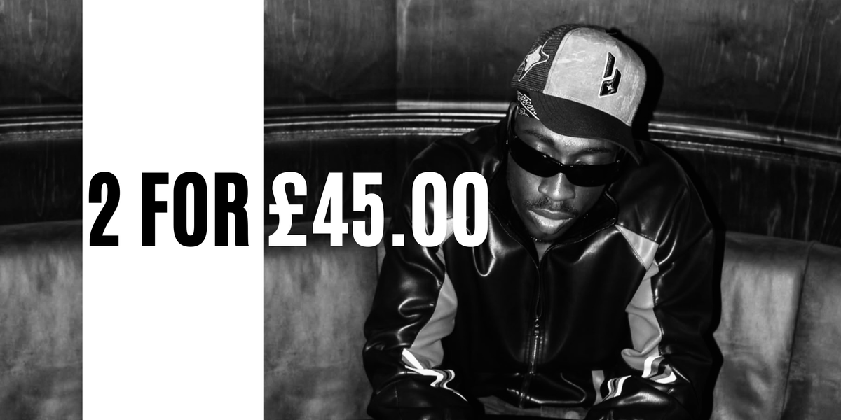 A black and white promotional photo showing a person seated in a leather booth, wearing a LUNAD tree camo baseball cap, sunglasses, and a shiny jacket. Large overlaid text on the left reads '2 FOR £45.